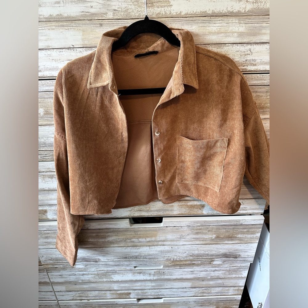 🤎✨ Streetwear Society Cropped Corduroy Shacket Tan Button Front Size Small